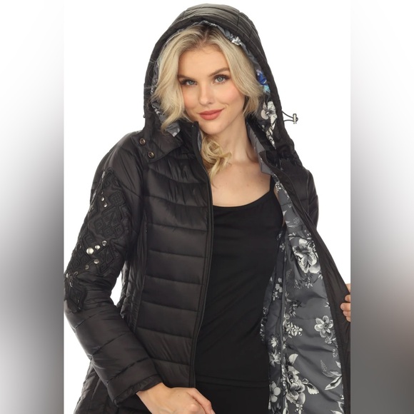 Johnny Was Black Sano Ski Zip Front Hooded Long Puffer Coat - Picture 2 of 10